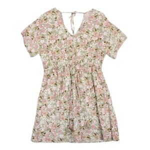 Bebop Sz XL Floral Print V-Neck Tassel Rayon Mini Dress, Cottagecore Green Pink